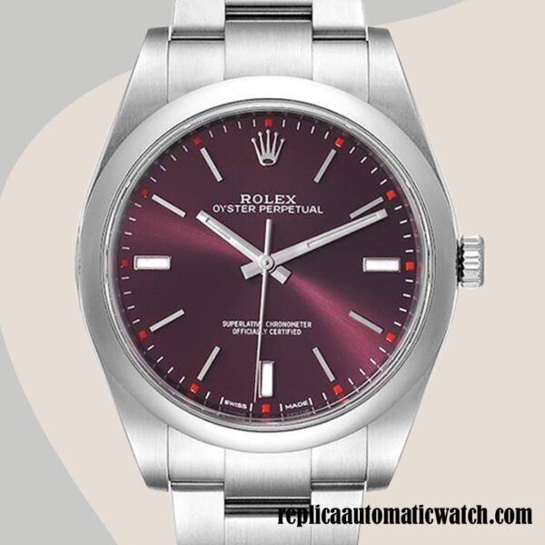 replica automatic Rolex Oyster Perpetual m114300-0002 Rolex Calibre 2836/2813 Unisex Red Grape Dial Silver-tone