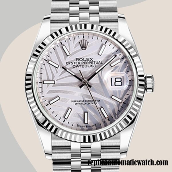 replica automatic Rolex Datejust Rolex Calibre 2836/2813 Men's 126234 Silver Palm Motif Dial Hands and Markers