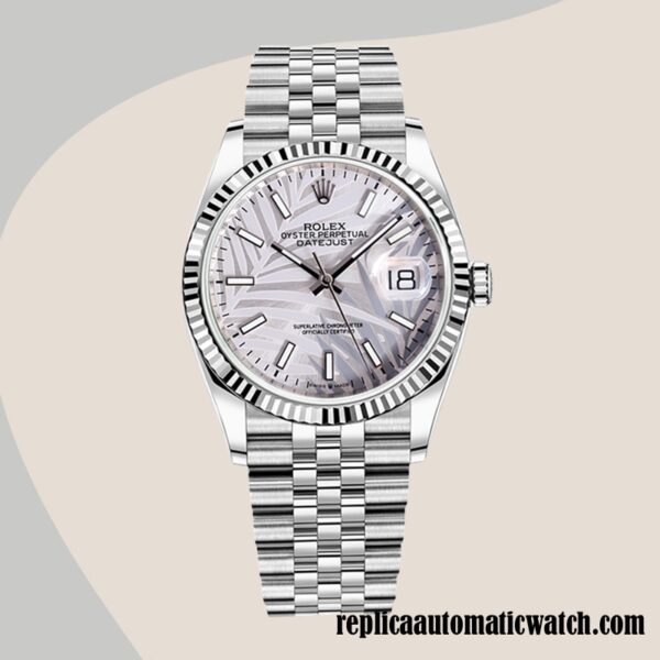 replica automatic Rolex Datejust Rolex Calibre 2836/2813 Men's 126234 Silver Palm Motif Dial Hands and Markers - Image 2