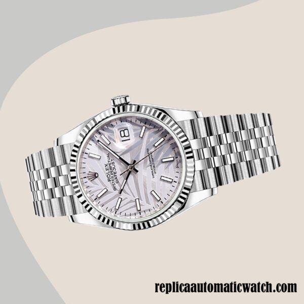 replica automatic Rolex Datejust Rolex Calibre 2836/2813 Men's 126234 Silver Palm Motif Dial Hands and Markers - Image 3