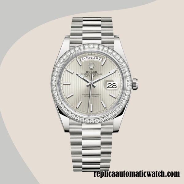 replica automatic Rolex Day-Date Rolex Calibre 2836/2813 Men's 228349SSP Silver Stripe Dial 12mm - Image 2