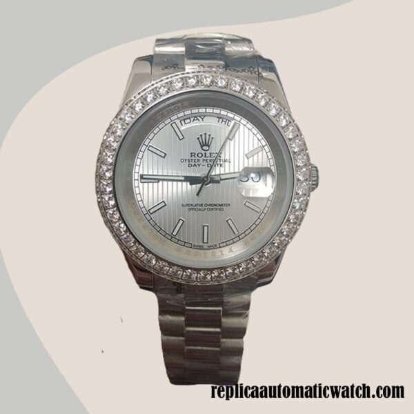 replica automatic Rolex Day-Date Rolex Calibre 2836/2813 Men's 228349SSP Silver Stripe Dial 12mm - Image 4