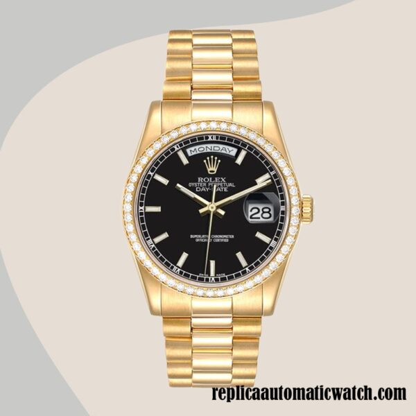 replica automatic Rolex Day-Date m118348-0208 Rolex Calibre 2836/2813 Men's Hands and Markers Black Dial - Image 2