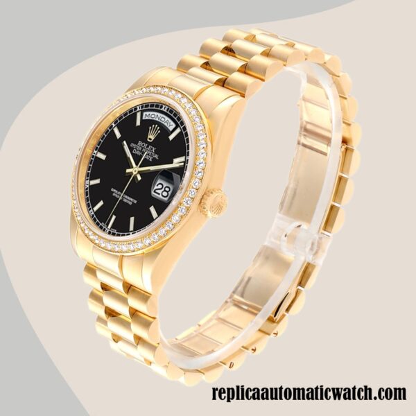 replica automatic Rolex Day-Date m118348-0208 Rolex Calibre 2836/2813 Men's Hands and Markers Black Dial - Image 3