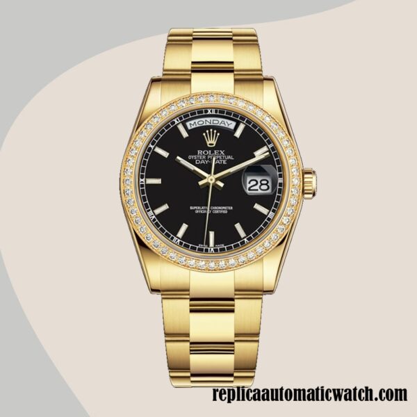 replica automatic Rolex Day-Date m118348-0208 Rolex Calibre 2836/2813 Men's Hands and Markers Black Dial - Image 5