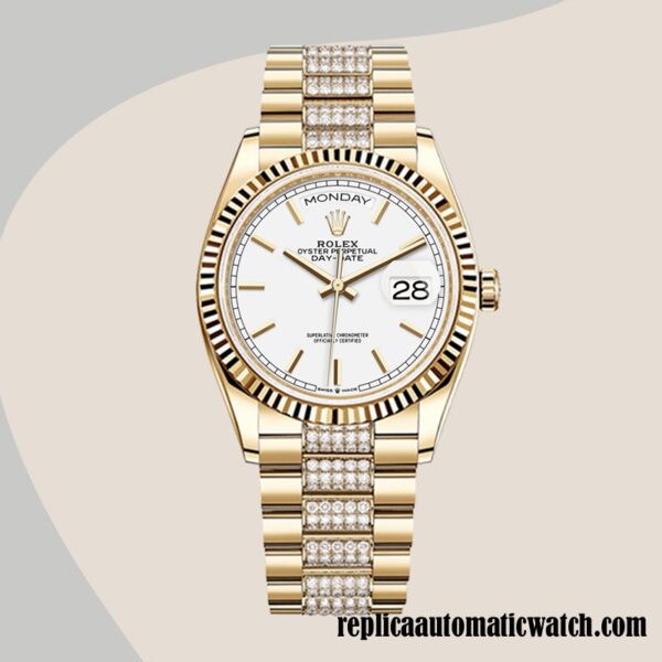 replica automatic Rolex Day-Date Rolex Calibre 2836 Men's m128238-0082 White Dial Gold-tone - Image 2