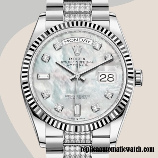 replica automatic Rolex Day-Date Rolex Calibre 2836 m128239-0026 Men's Mother of Pearl Dial Silver-tone
