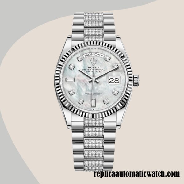 replica automatic Rolex Day-Date Rolex Calibre 2836 m128239-0026 Men's Mother of Pearl Dial Silver-tone - Image 2