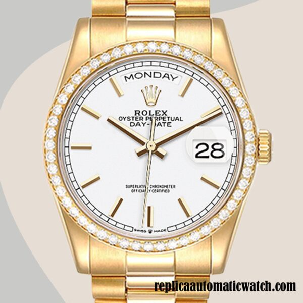 replica automatic Rolex Day-Date Rolex Calibre 2836/2813 Men's m128348rbr-0047 White Dial Gold-tone